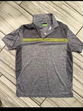 PGA Tour Gray Heather Polo with Lime Chest Stripe